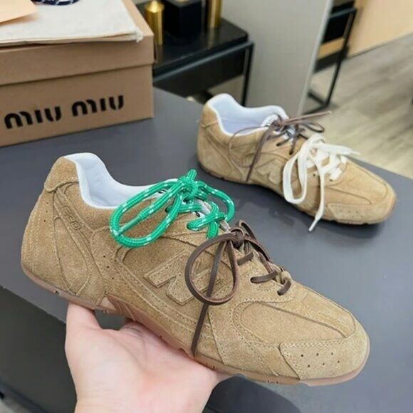 Miu Miu Shoes - Miu Miu Beige Sneakers with Green and Brown Laces